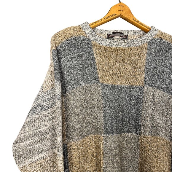 Vintage 90s Patchwork Knit Sweater Silk Blend Neutral Earth Tone Grunge - Picture 2 of 8